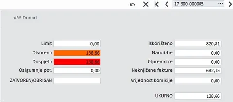 ArsFinInfo on a wholesale document in PANTHEON: customer limit, open and overdue receivables