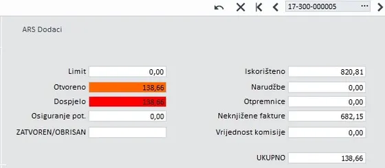 ArsFinInfo on a wholesale document in PANTHEON: customer limit, open and overdue receivables