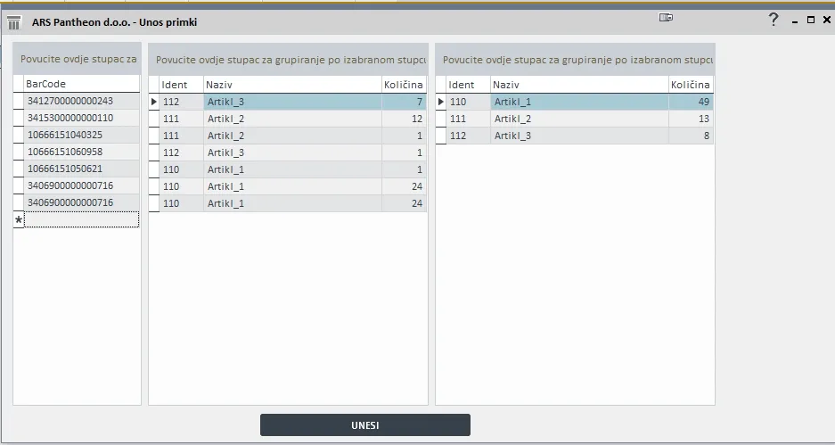 Goods receipt by barcode in PANTHEON: scanned barcodes, lines and totals