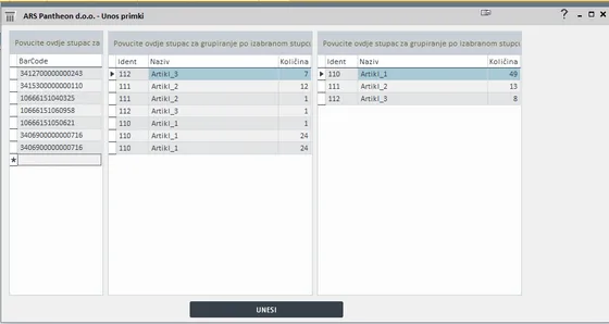 Goods receipt by barcode in PANTHEON: scanned barcodes, lines and totals