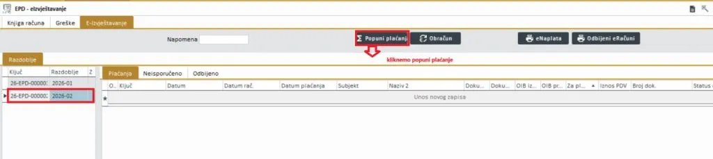 Obračun eIzvještavanja i popunjavanje plaćanja
