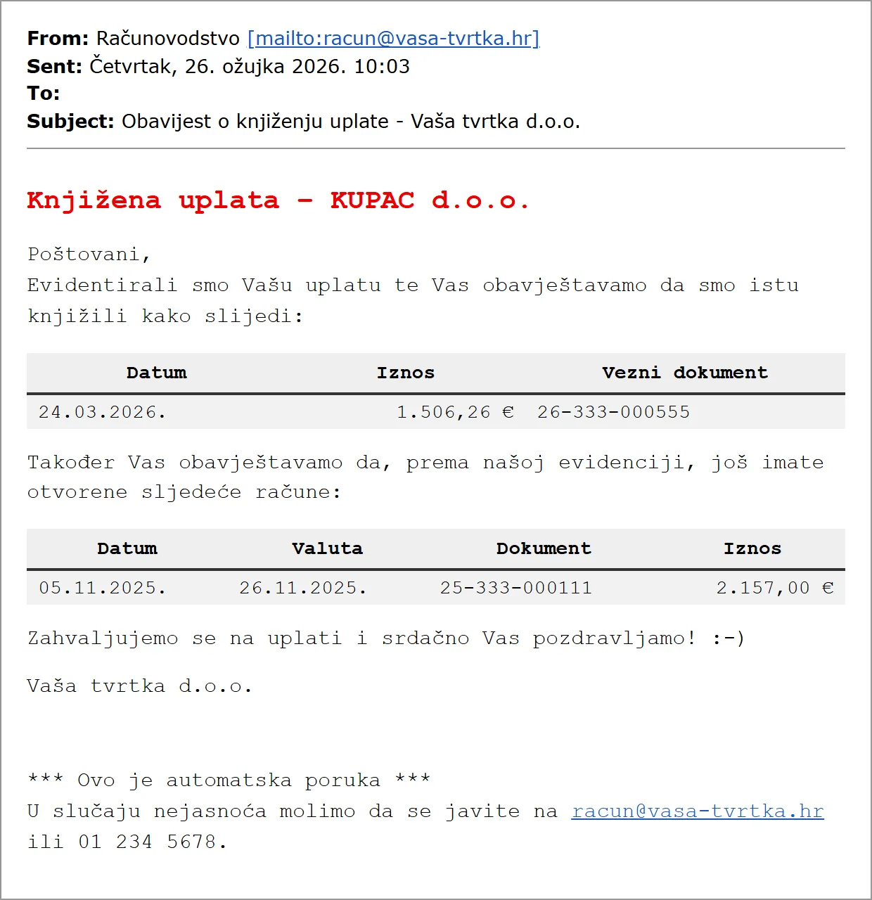 Example of a payment notice with a list of still-open invoices