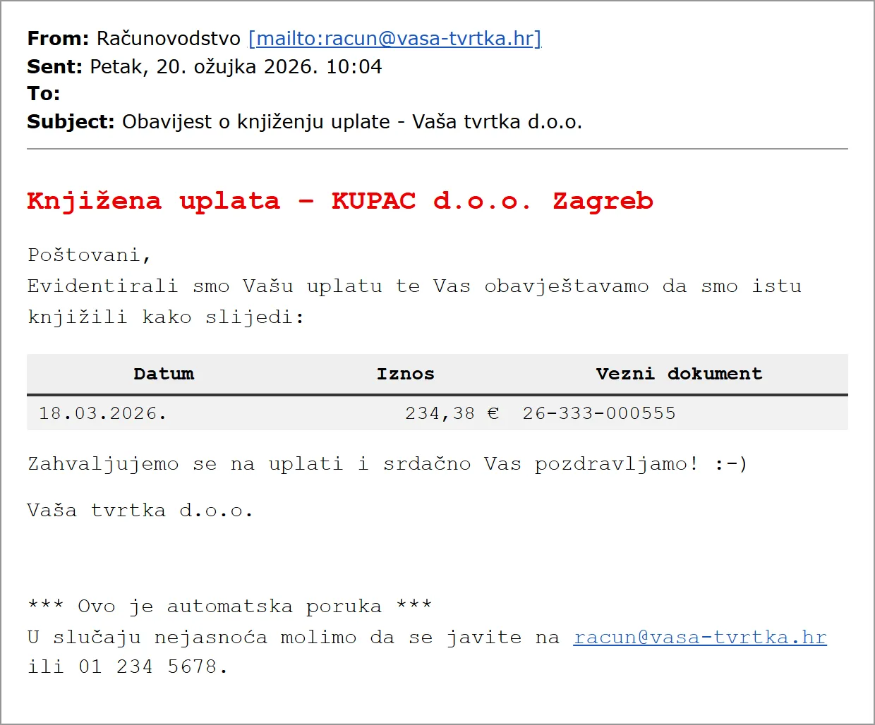Example of a posted payment notice